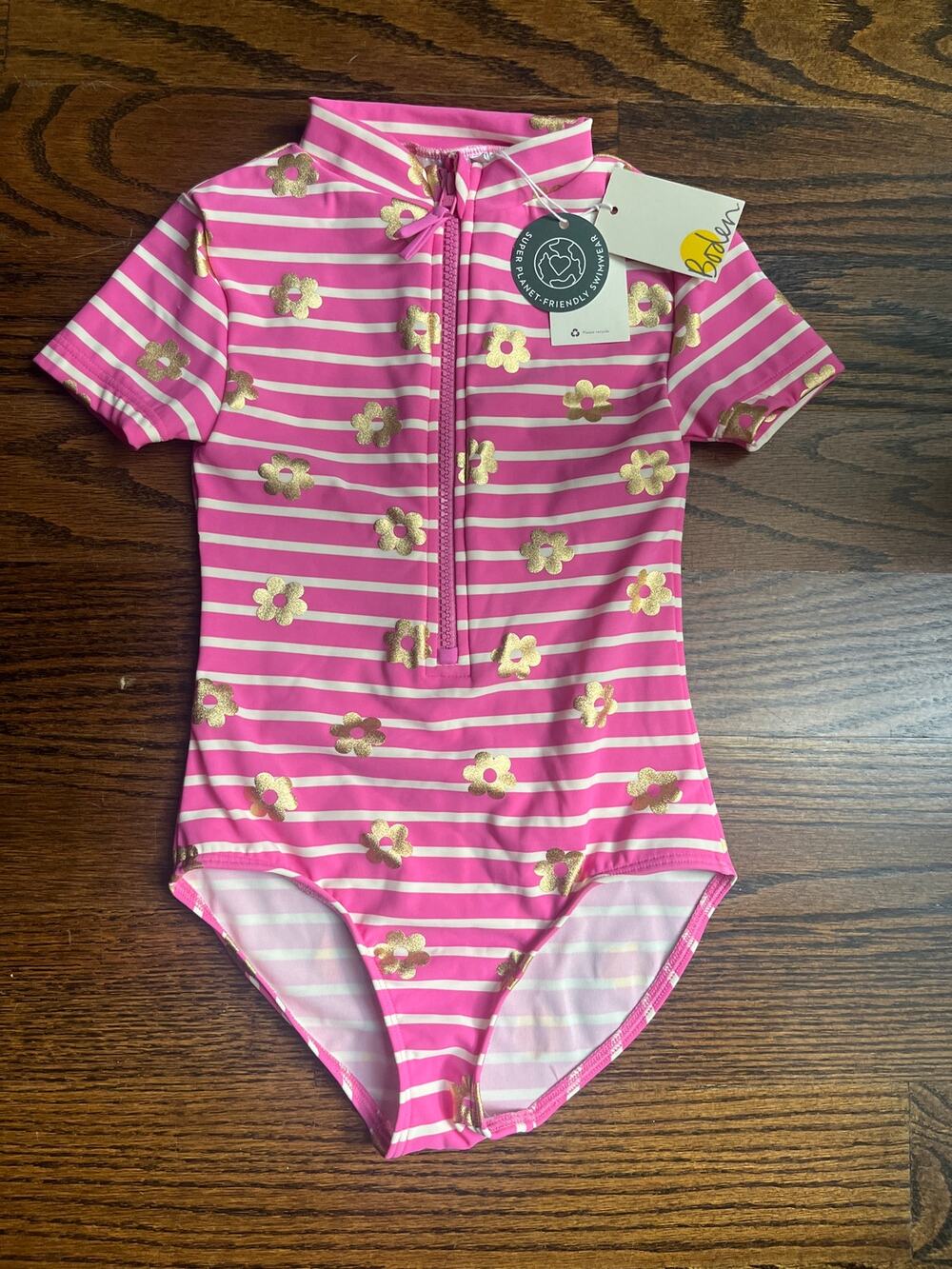 Mini Boden 6-7 Y Striped Flower print Girls one piece Swimsuit NWT